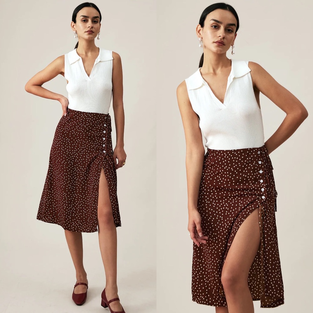 Brown Polka Dot Wrap Midi Skirt